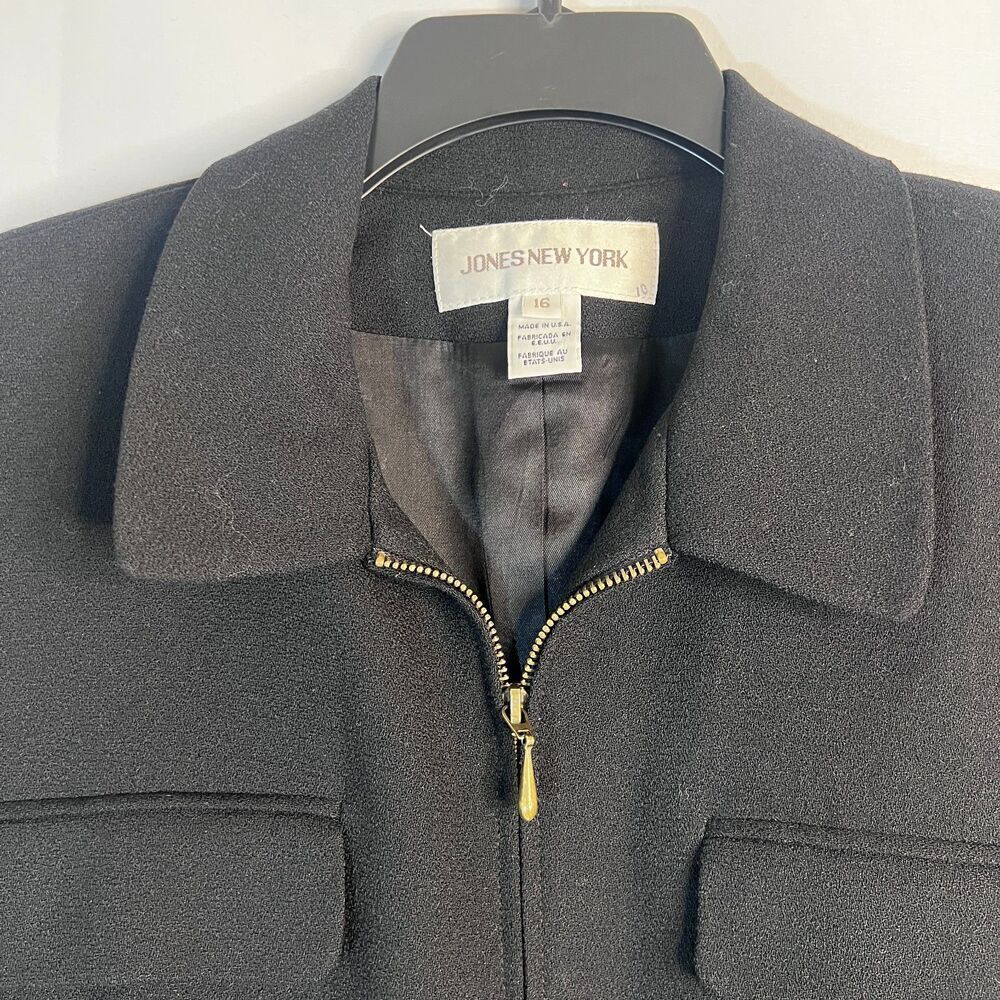 Jones New York Black 100% Pure Wool Made in USA Full Zip Jacket Blazer Size‎ 16 - Picture 3 of 10